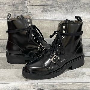 All Saints Black Leather Donita Moto Combat Boots - Black - Sz - 9.US / 39.EU